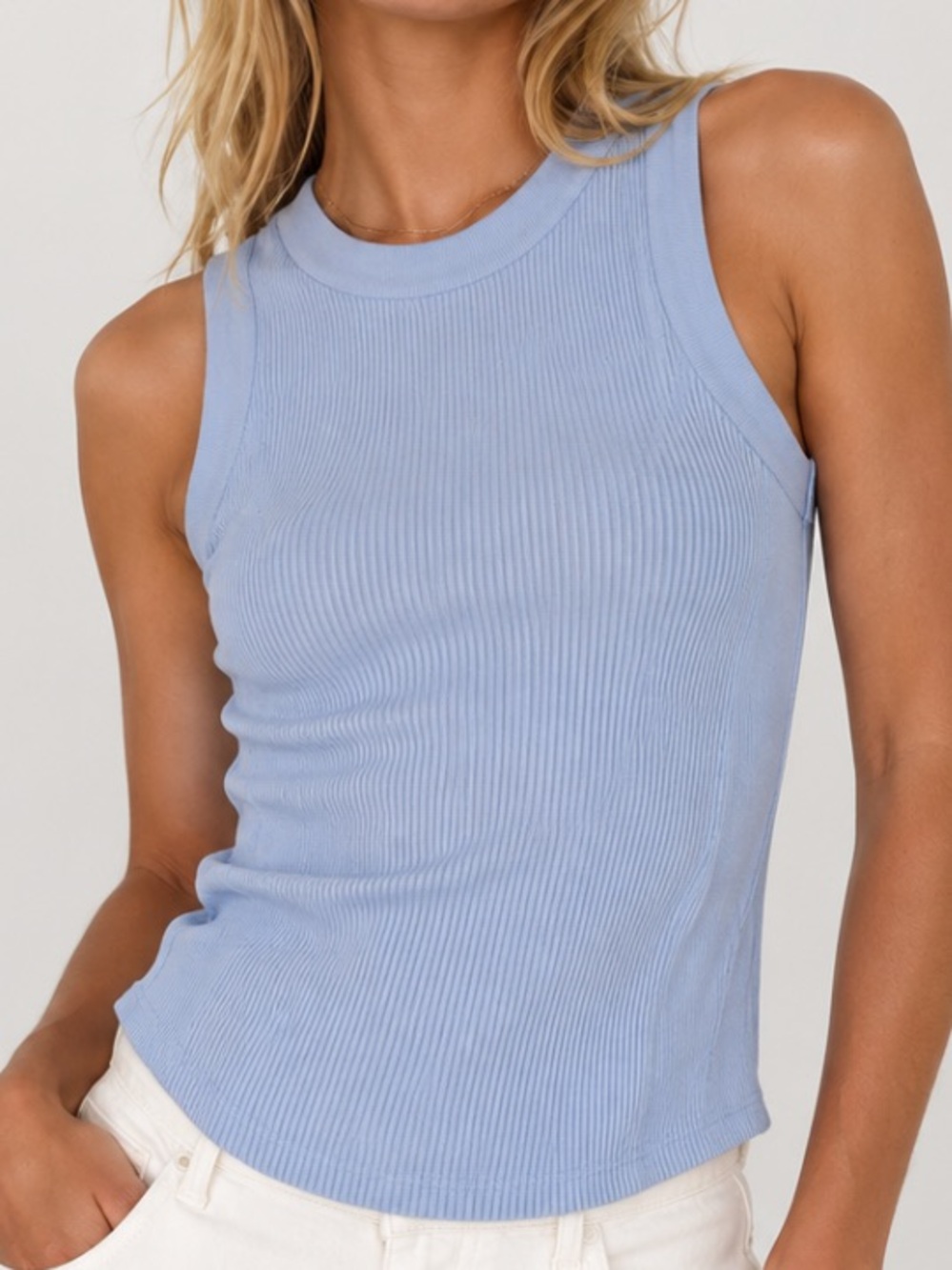 Zara Light Blue Ribbed Cutaway Tank Top